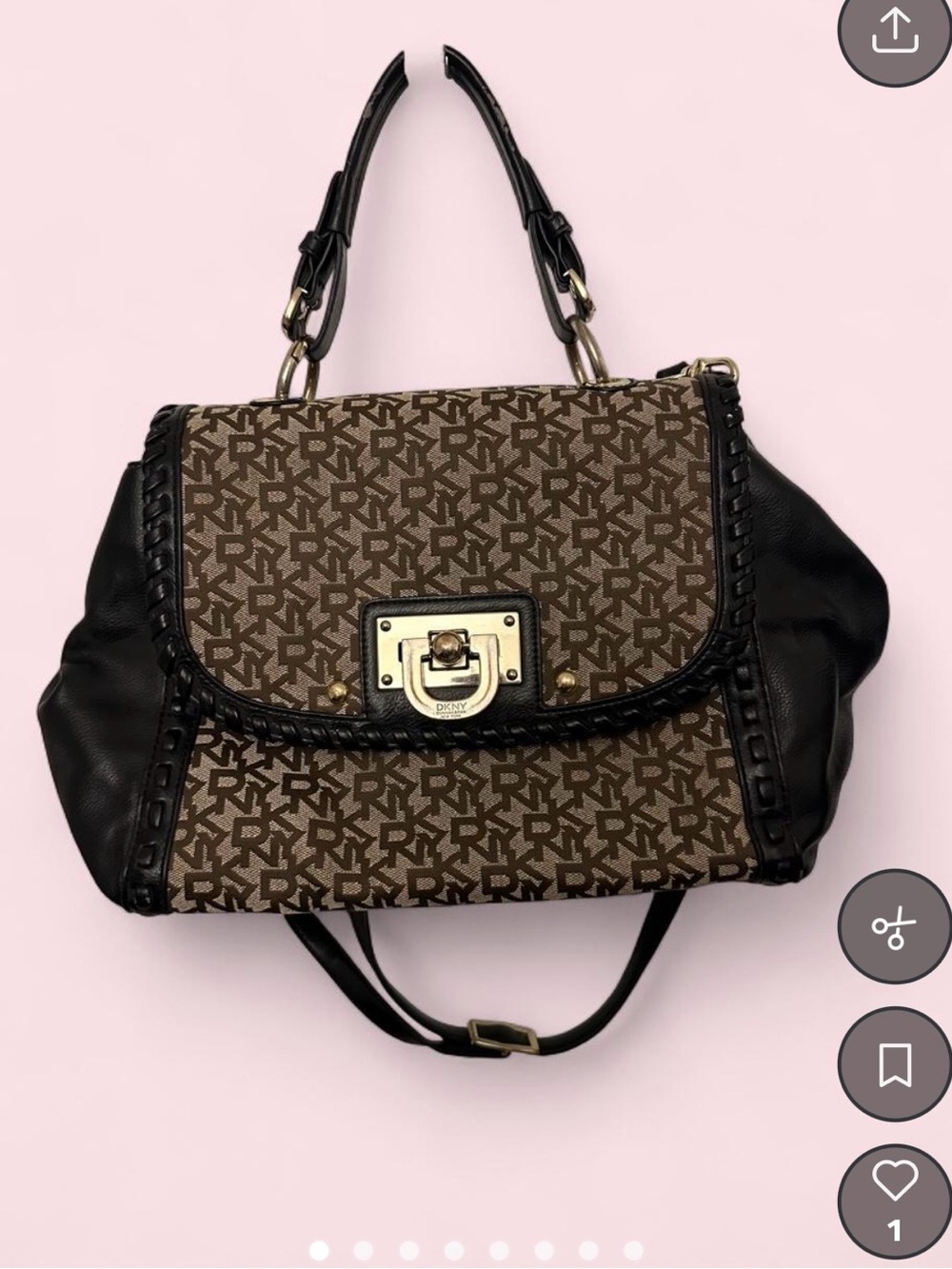 DKNY Brown and Black Monogram Flap Shoulder Bag